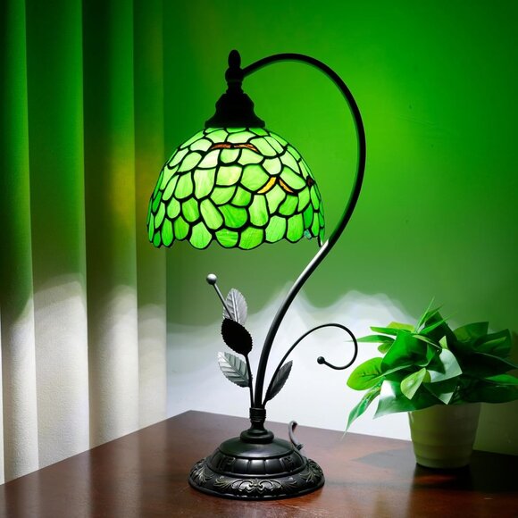 Tiffany Style Table Lamp Handcrafted Stained Glass lamp 20" H Small Green Leaf - Picture 1 of 7